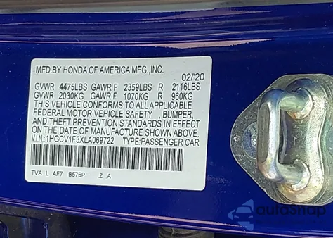 2020 Honda Accord Sport from USA, damaged, VIN 1HGCV1F3XLA069722